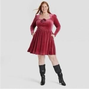 Ava + Viv NWT Women's Long Sleeve Red Rosette Midi A-Line Velvet Dress 1X